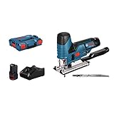 Bosch Professional 12V System Akku Stichsäge GST 12V-70 (Schnitttiefe in Holz: 70mm, inkl. 2x 3.0Ah Akku, GAL 1230 CV, 2x Stichsägeblatt, Spanreißschutz, Gleitschuh, Absaug-Set, Einlage, L-BOXX)