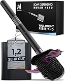 MooStar Silikon WC-Bürste & Halter Set – Schwarz Edelstahl, Wandmontage & Freistehend, Schnelltrocknend, Flexibler Flacher Bürstenkopf mit Seifenspender, Gründliche Badezimmerreinigung, 1er Pack