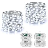 Joomer Lichterkette Batterie 5M, 2 Stück 50 LED Silberfaden Weihnachtsbeleuchtung Außen Timer, 8 Modi Lichterkette Weihnachtsbaum Weihnachtsdeko Wasserdicht für Innen Garten Party Festival Deko, Weiß