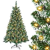 Aufun Künstlicher Weihnachtsbaum Tannenbaum mit Beleuchtung 250 LED warm-weiß inkl. Metallständer 570 Spitzen, PVC Christbaum für Weihnachten-Dekoration (150cm, Schnee-Effekt+Kiefernzapfen+LED)